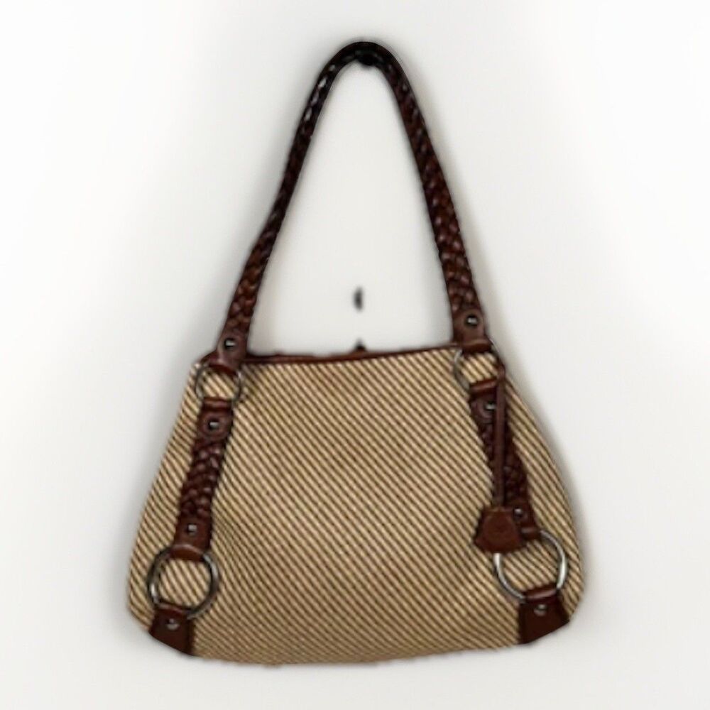 EUC Banana Republic Tan & Brown Woven Shoulder Bag Leather Trim Silver hardware - Picture 5 of 13